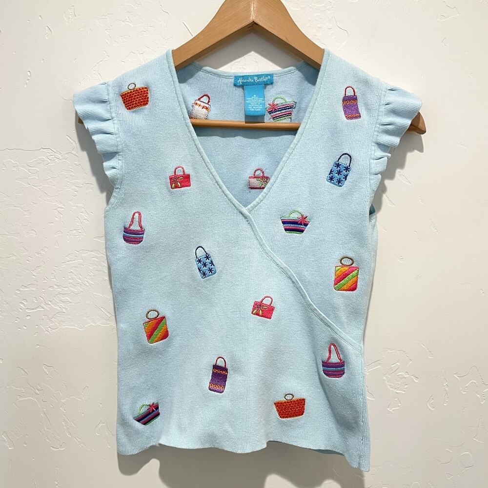Alexandra Bartlett Ruffle Cap Sleeve Knit Top Womens Small Blue Embroidered Bags